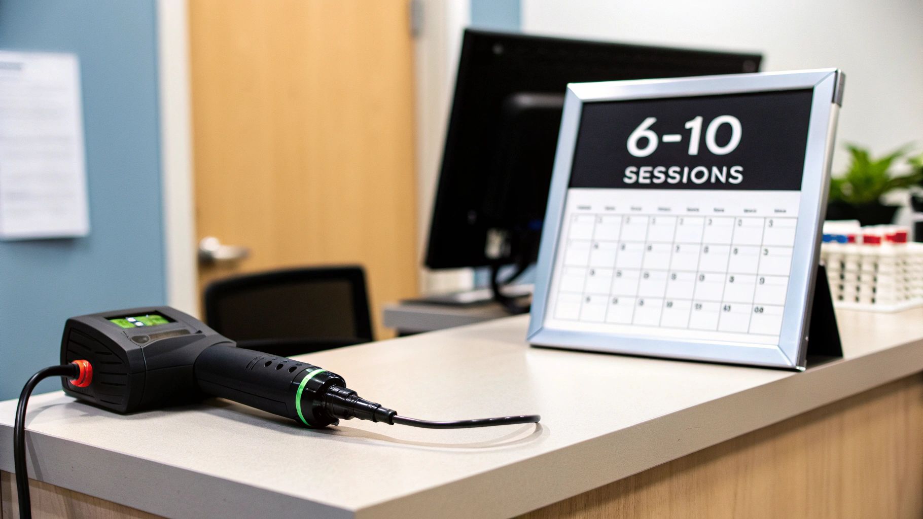 A black medical device lies on a light counter next to a sign displaying "6-10 SESSIONS" and a calendar.