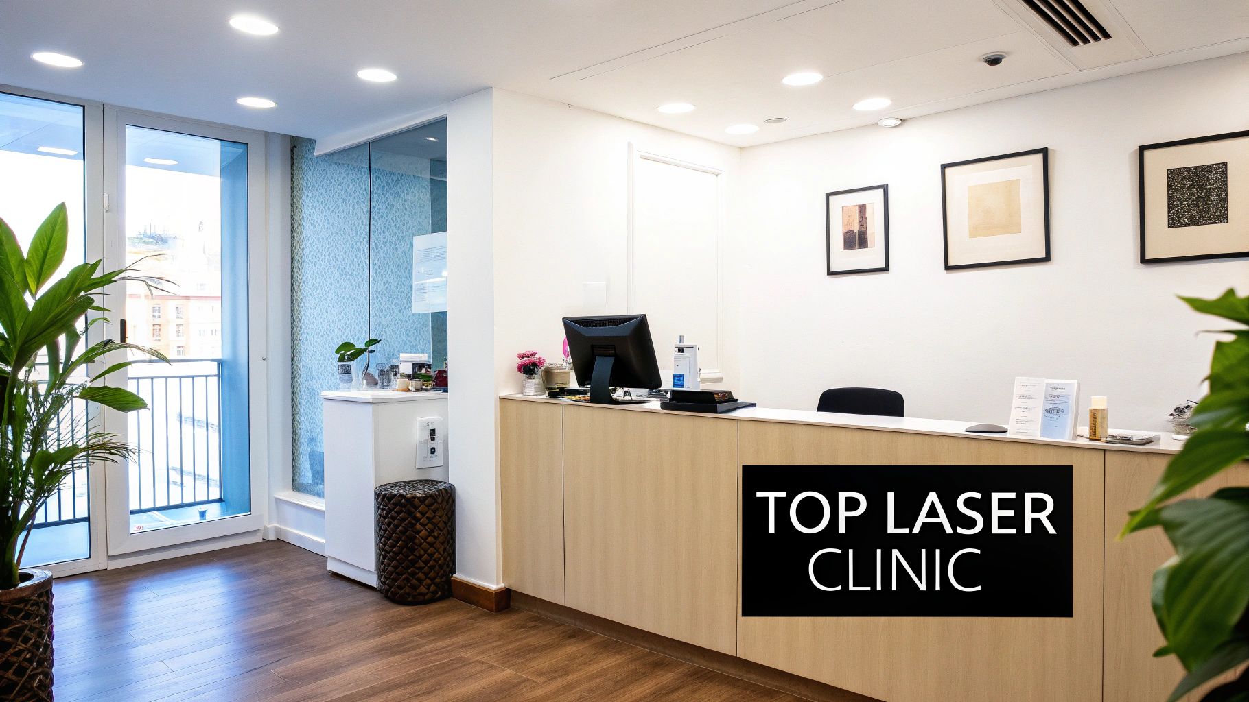 A modern, bright laser clinic reception area with a wooden counter, plant, and framed artwork.