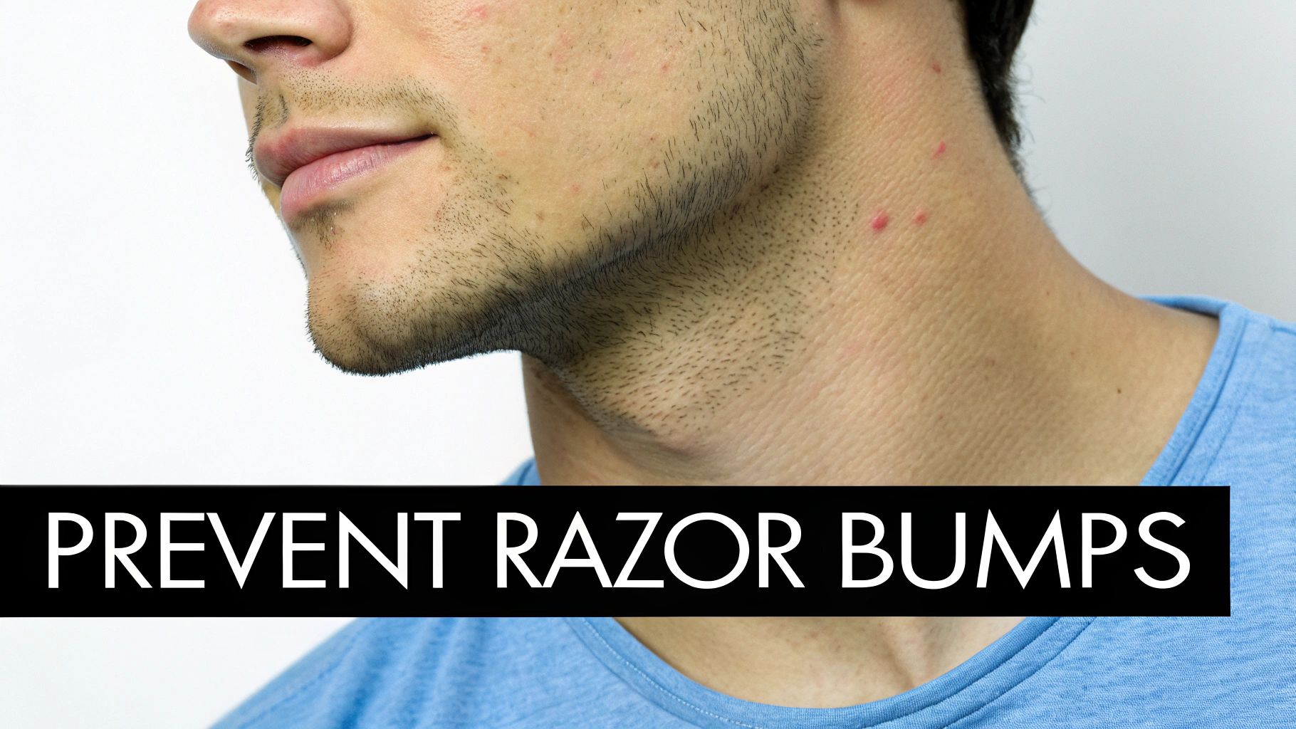 Close-up of a man's face and neck with stubble and red razor bumps, with text 'Prevent Razor Bumps'.