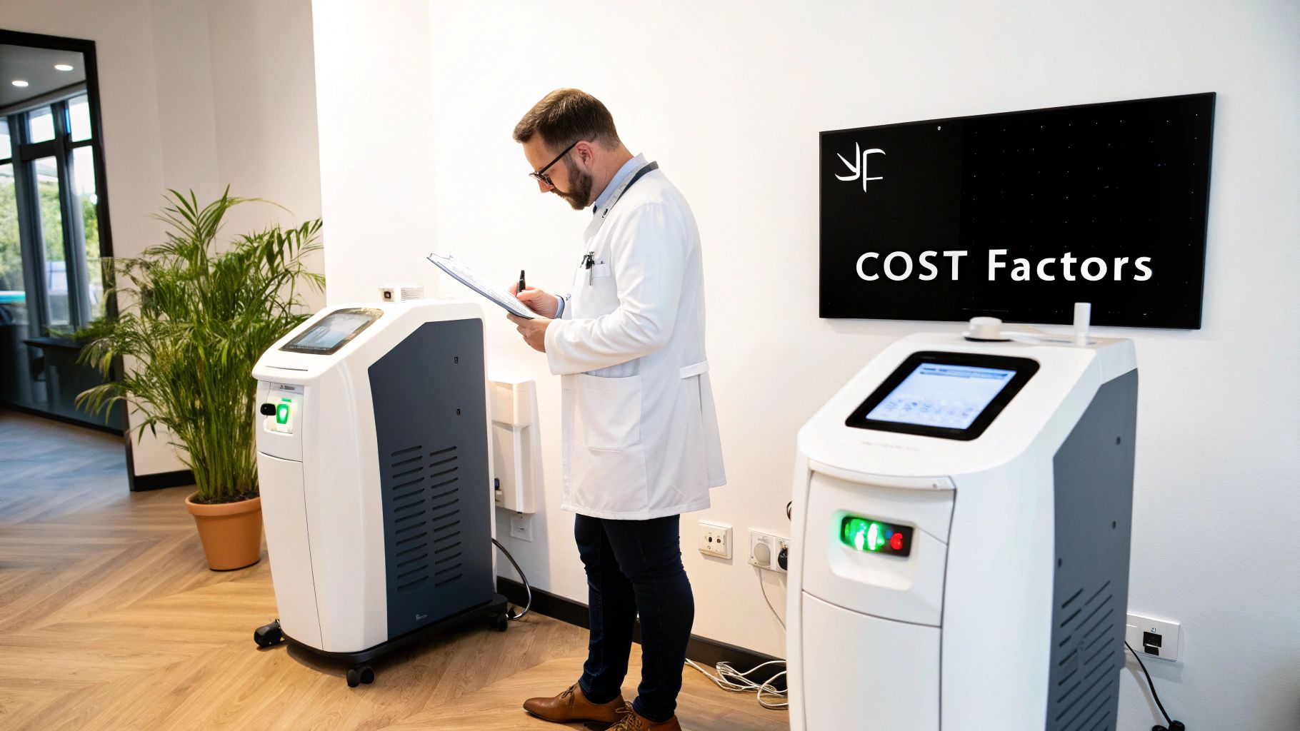 A doctor in a modern clinic records data while standing between two advanced medical machines.