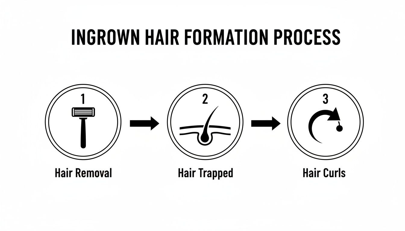 A diagram illustrating the three-step process of ingrown hair formation: hair removal, hair trapped, and hair curls.