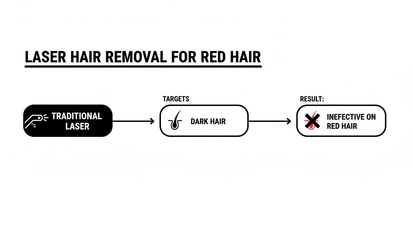 Flowchart illustrating that traditional laser hair removal targets dark hair and is ineffective on red hair.