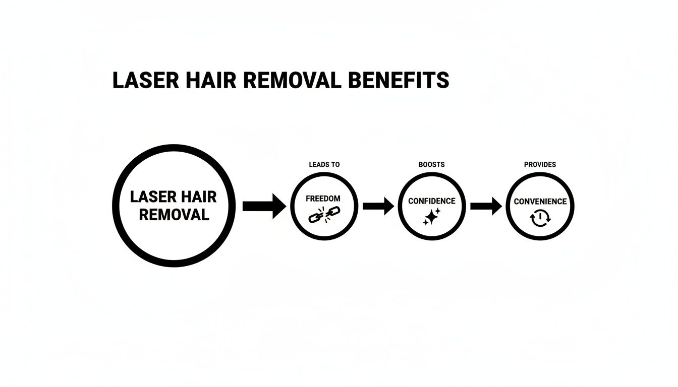 Flowchart illustrating laser hair removal benefits, including freedom, confidence, and convenience with icons.