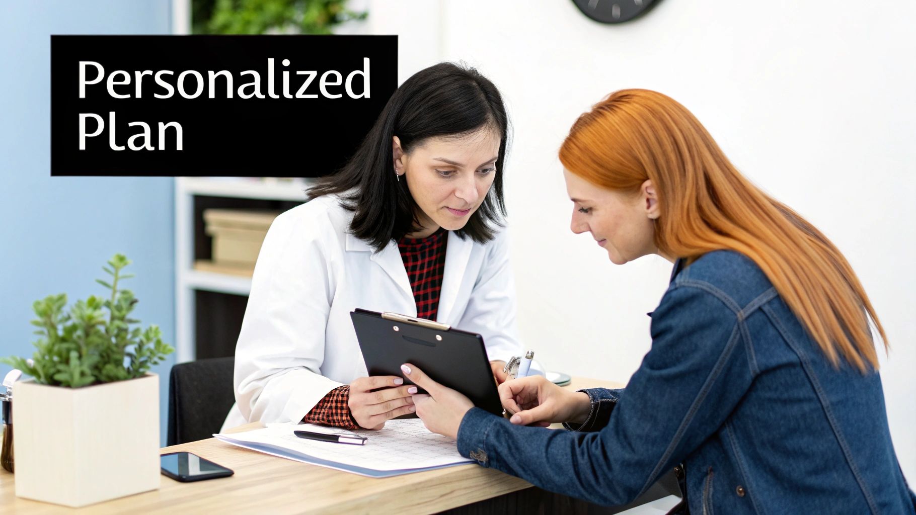 A doctor in a white coat explains a personalized plan to a red-haired patient at a desk.