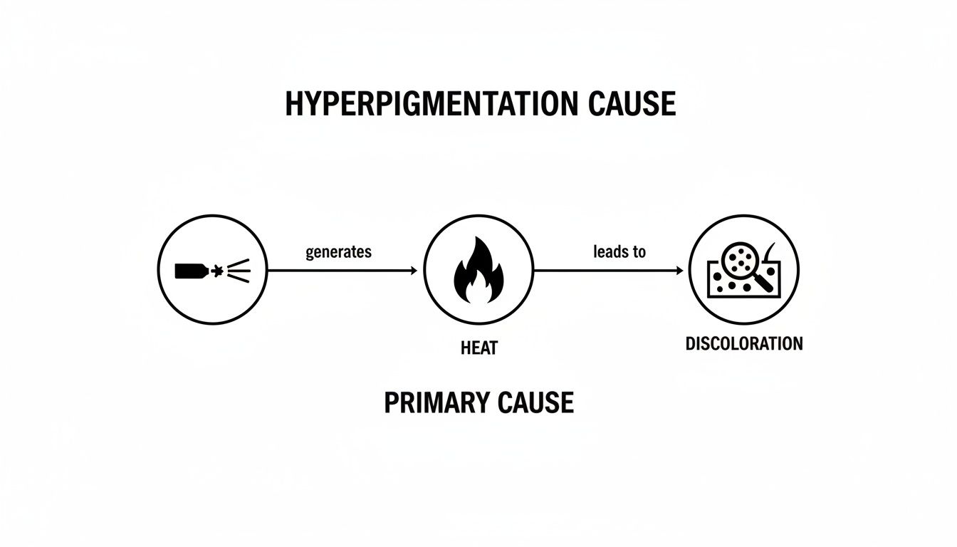 Flowchart illustrating how a laser generates heat, leading to skin discoloration and hyperpigmentation.