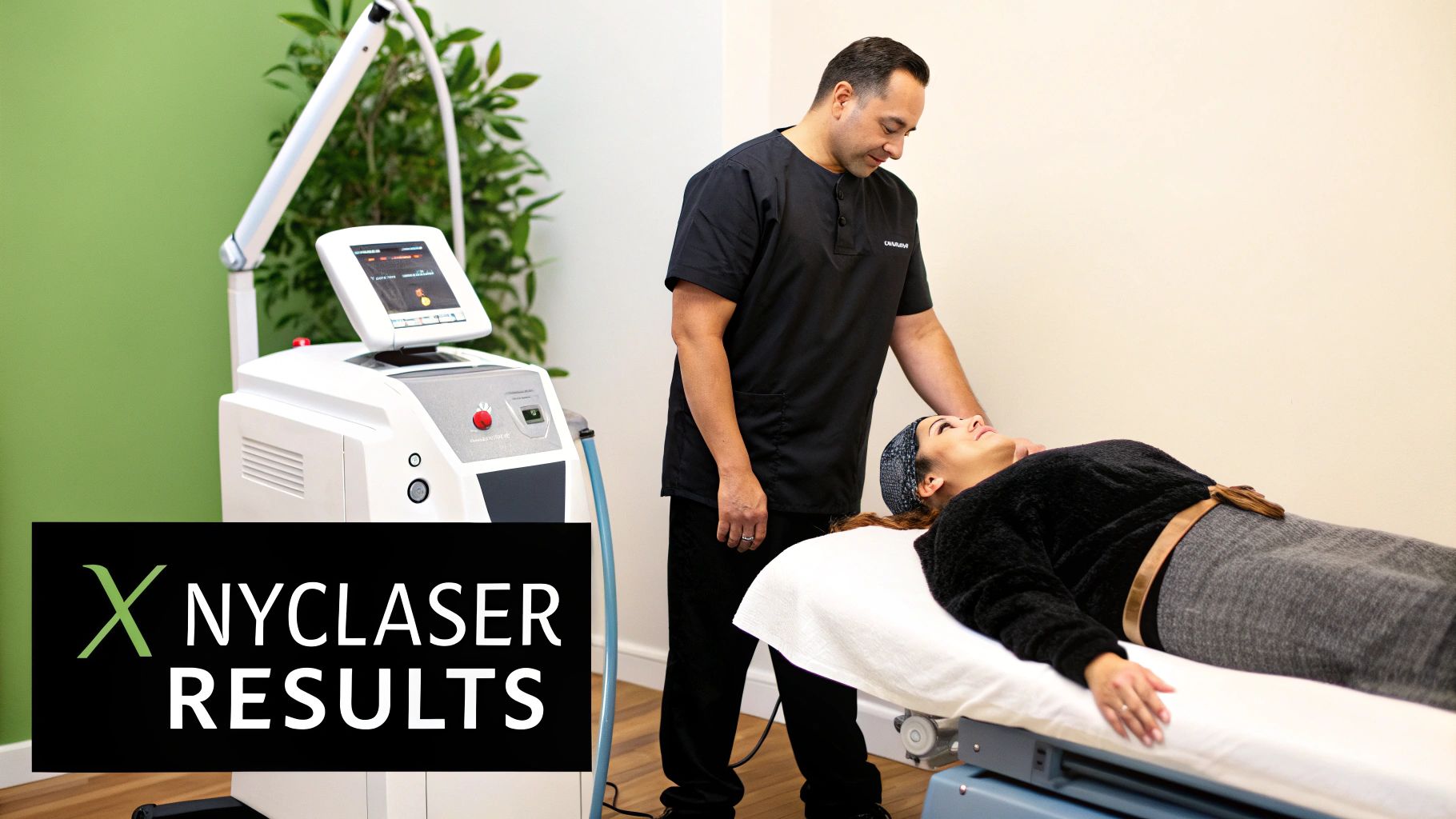 A male practitioner attends to a female patient lying on a treatment bed near a laser machine.