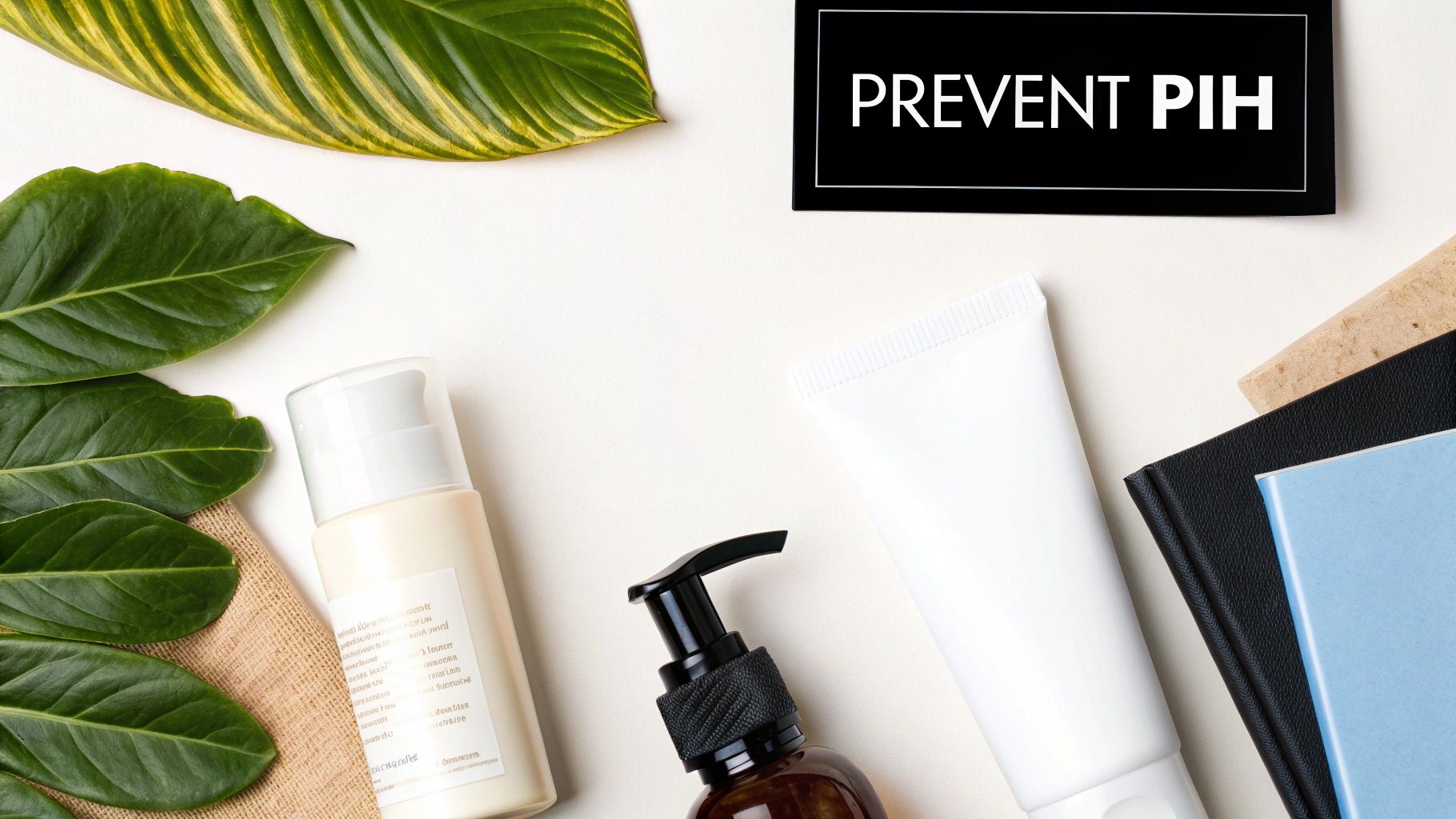 Flat lay of skincare products, green leaves, and notebooks with a sign saying 'PREVENT PIH'.