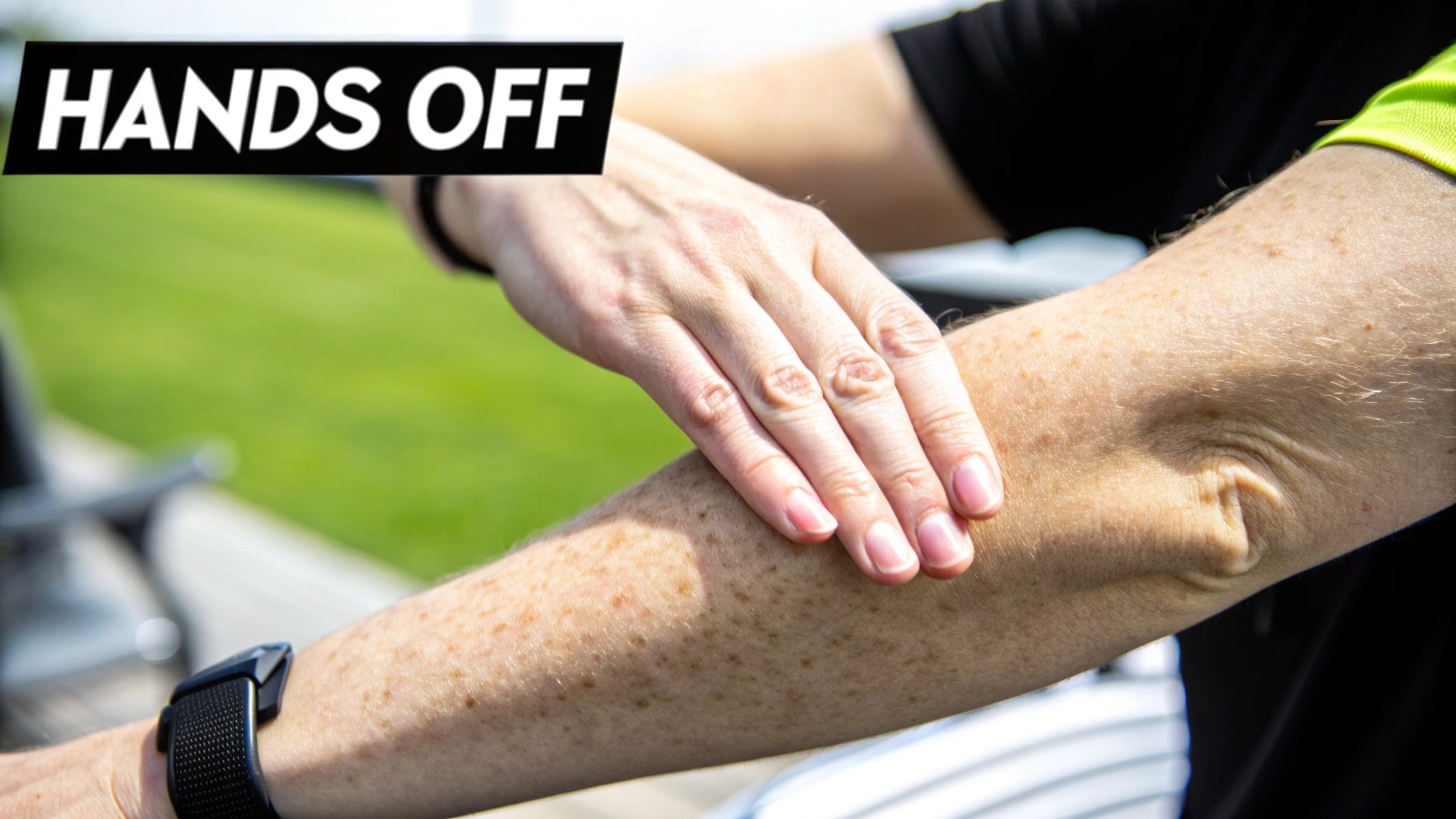 A freckled arm is gently touched by another hand, with a 'HANDS OFF' warning text.