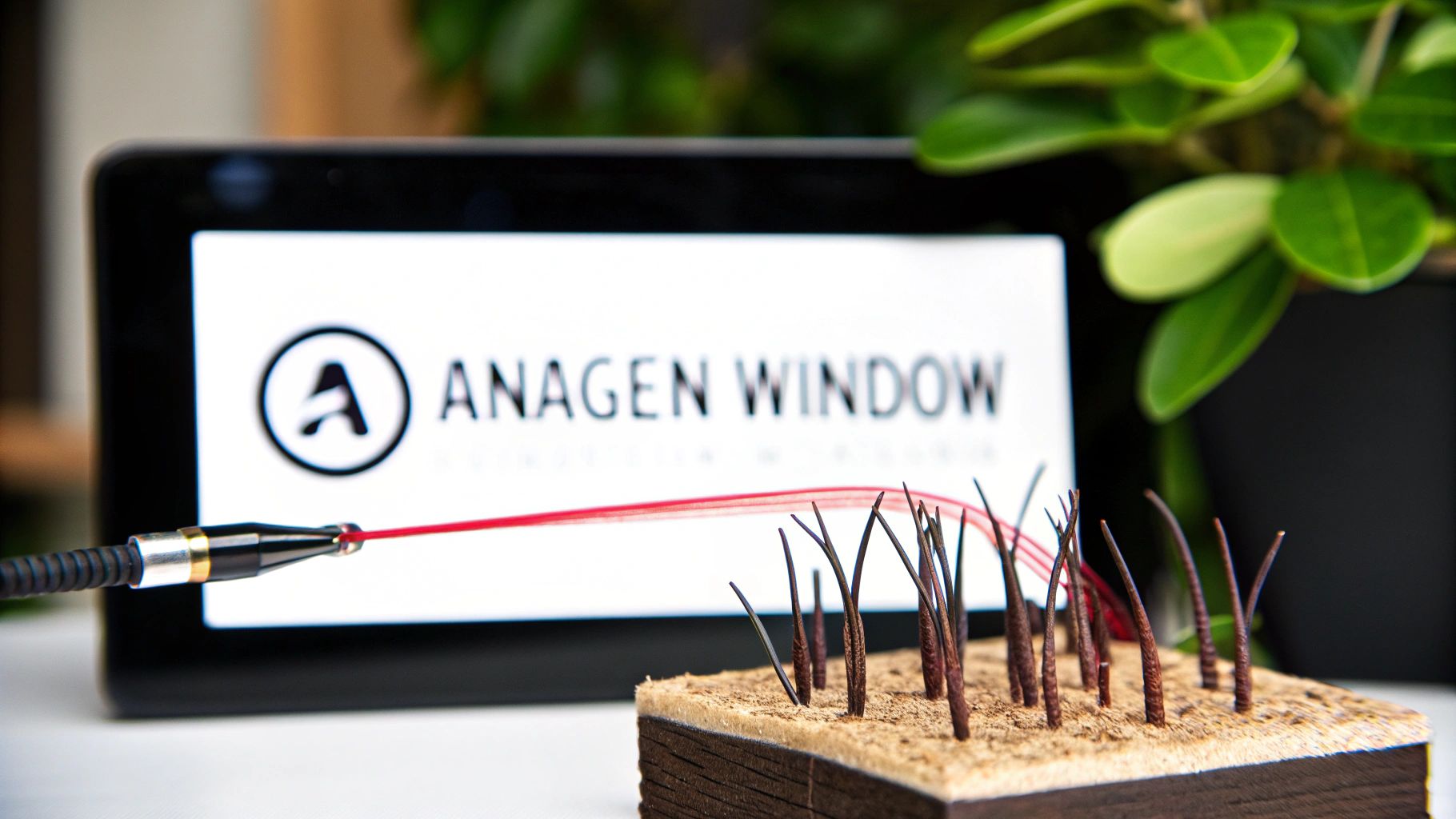 A red laser targets a hair follicle model, with 'ANAGEN WINDOW' visible on a screen.