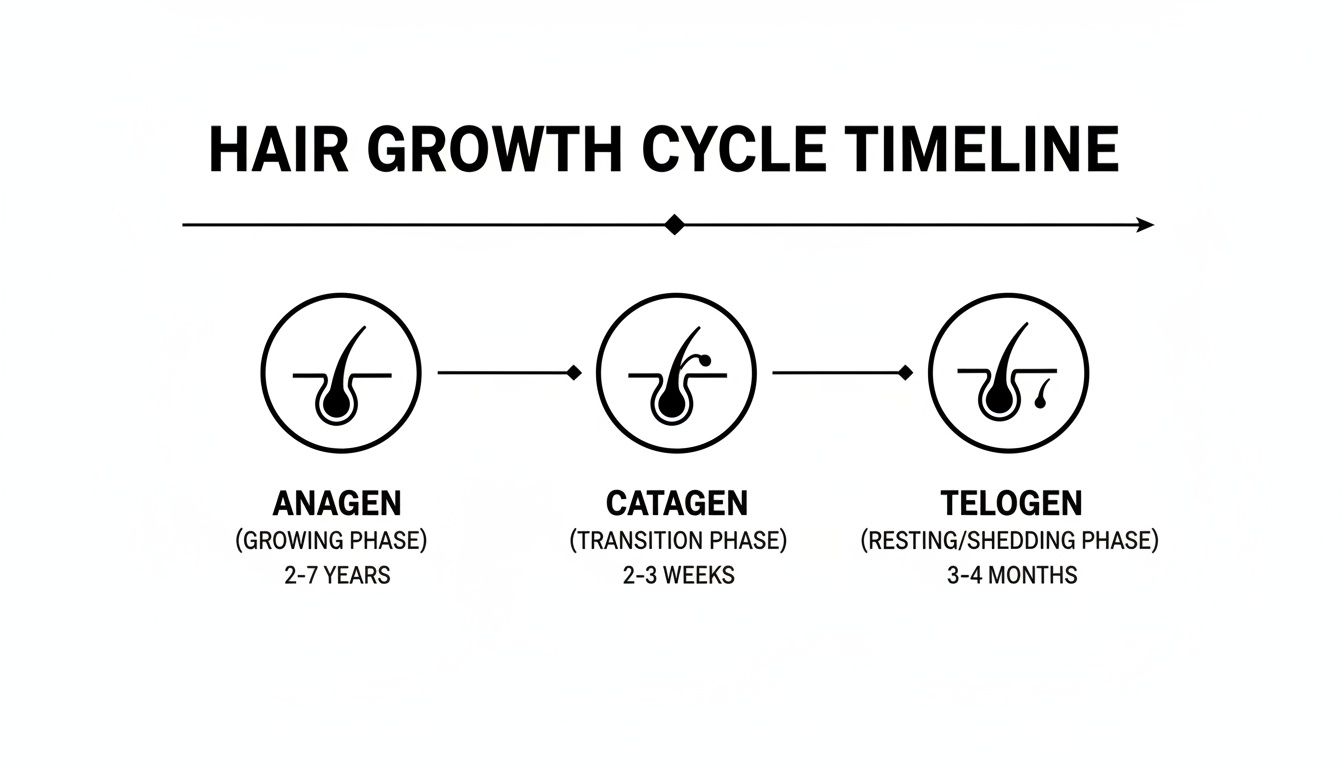 A diagram illustrates the three phases of the hair growth cycle: Anagen, Catagen, and Telogen, with durations.