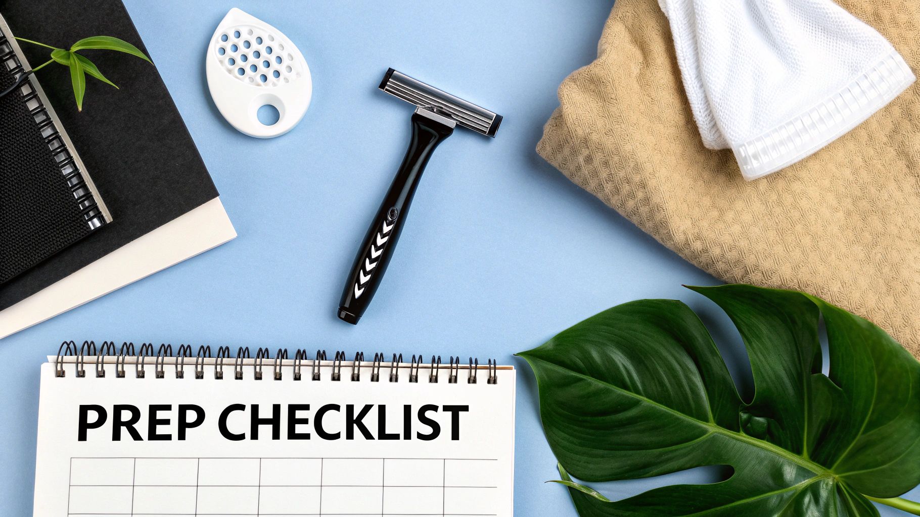 Flat lay with grooming essentials: prep checklist, razor, towels, and tropical leaf on blue.