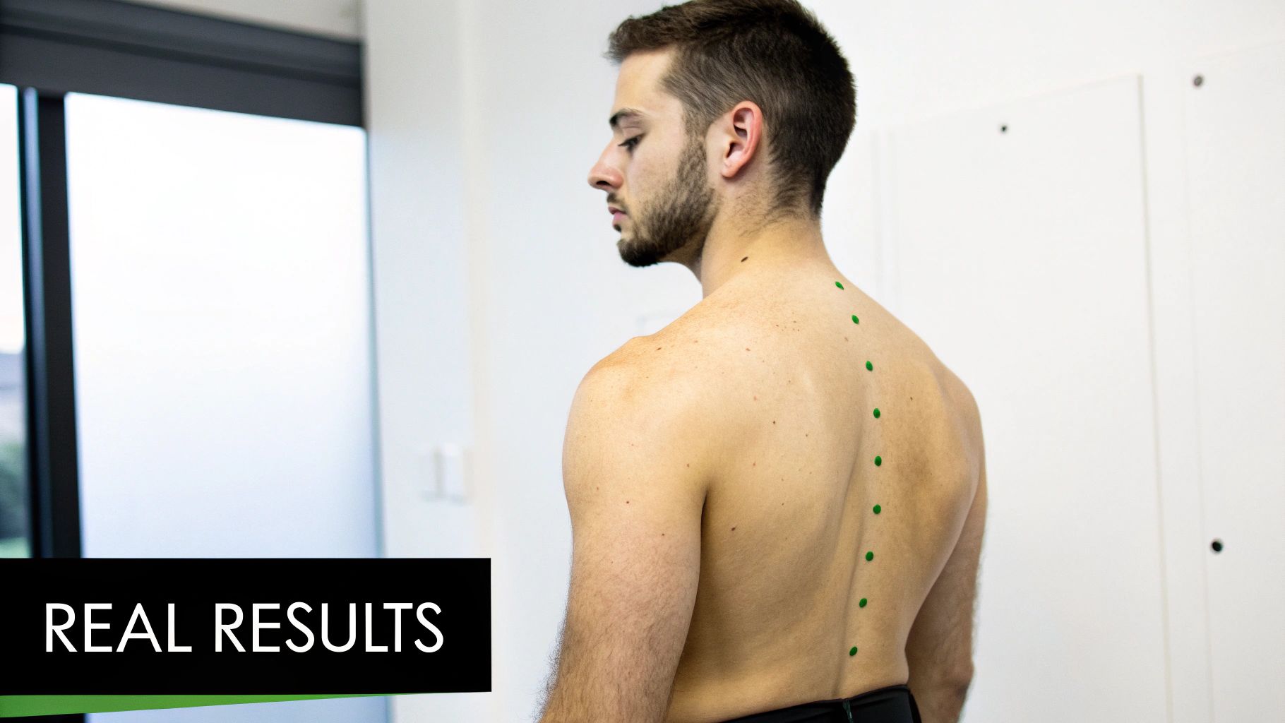 A man's back with green dots marking his spine for a medical or therapeutic assessment.