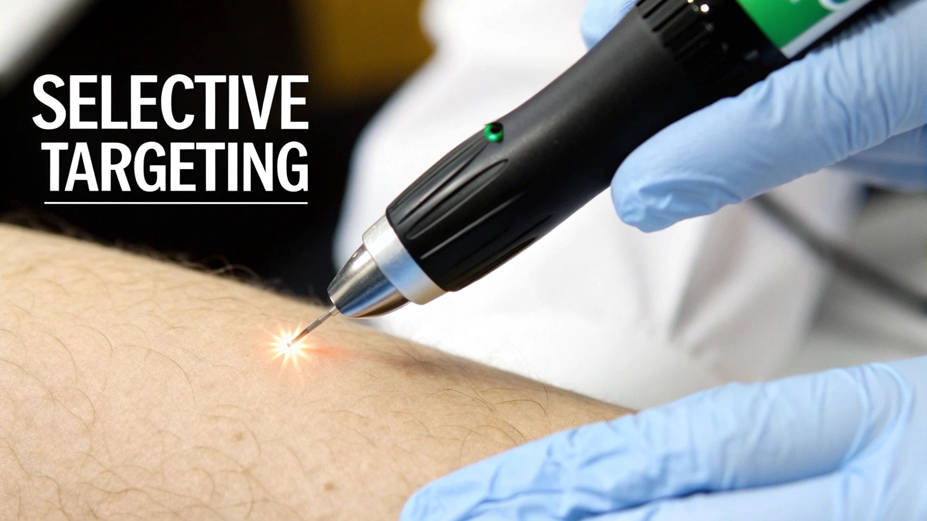 A gloved hand uses a medical laser device on an arm, showing a glowing spot on the skin.