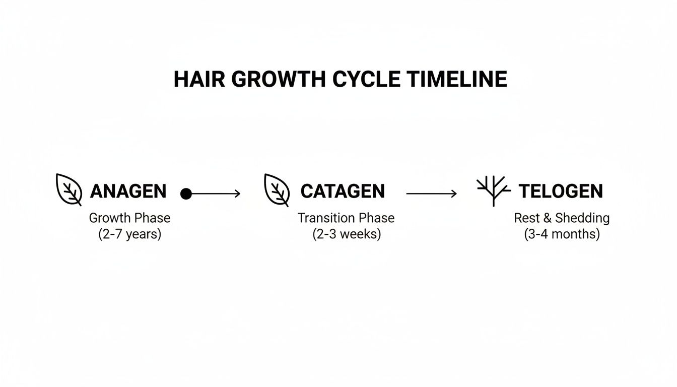 A timeline diagram illustrating the three phases of the hair growth cycle: Anagen, Catagen, and Telogen.