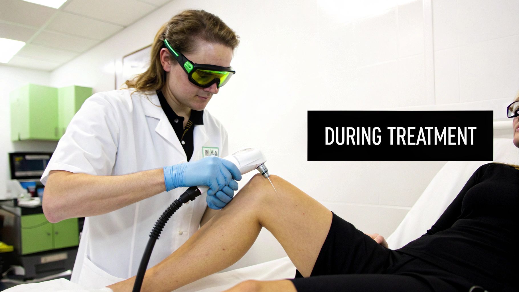 A medical professional in goggles performs a laser procedure on a patient's knee.