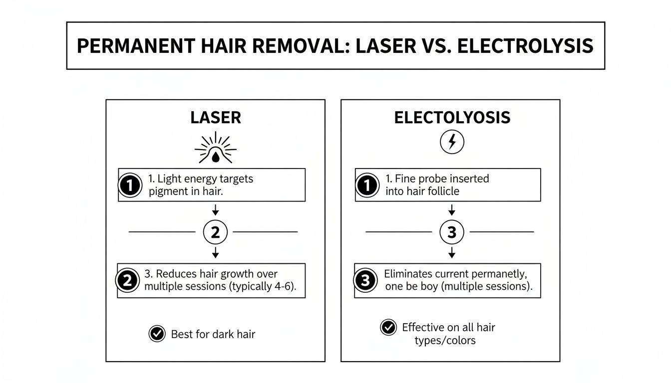An infographic comparing permanent hair removal methods: Laser vs. Electrolysis, outlining their steps and benefits.