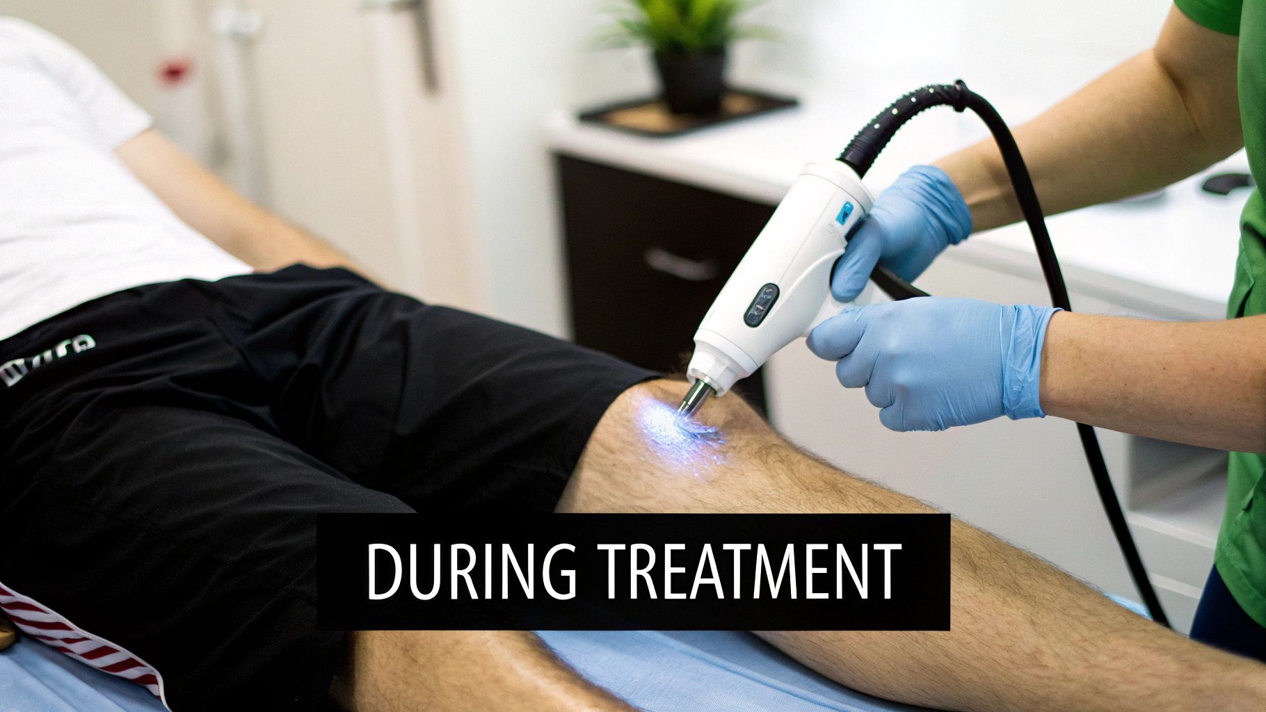 A medical professional performs a laser treatment on a patient's knee, emitting a blue light.