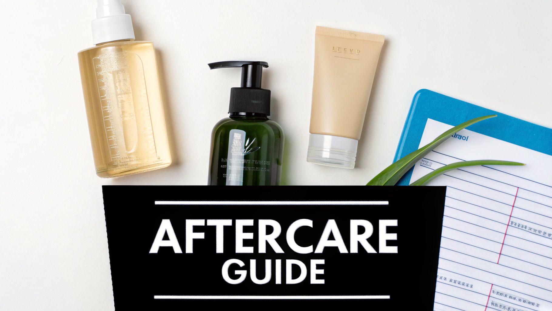 Skincare products including clear and green bottles, a beige tube, green leaves, and an 'AFTERCARE GUIDE' banner.