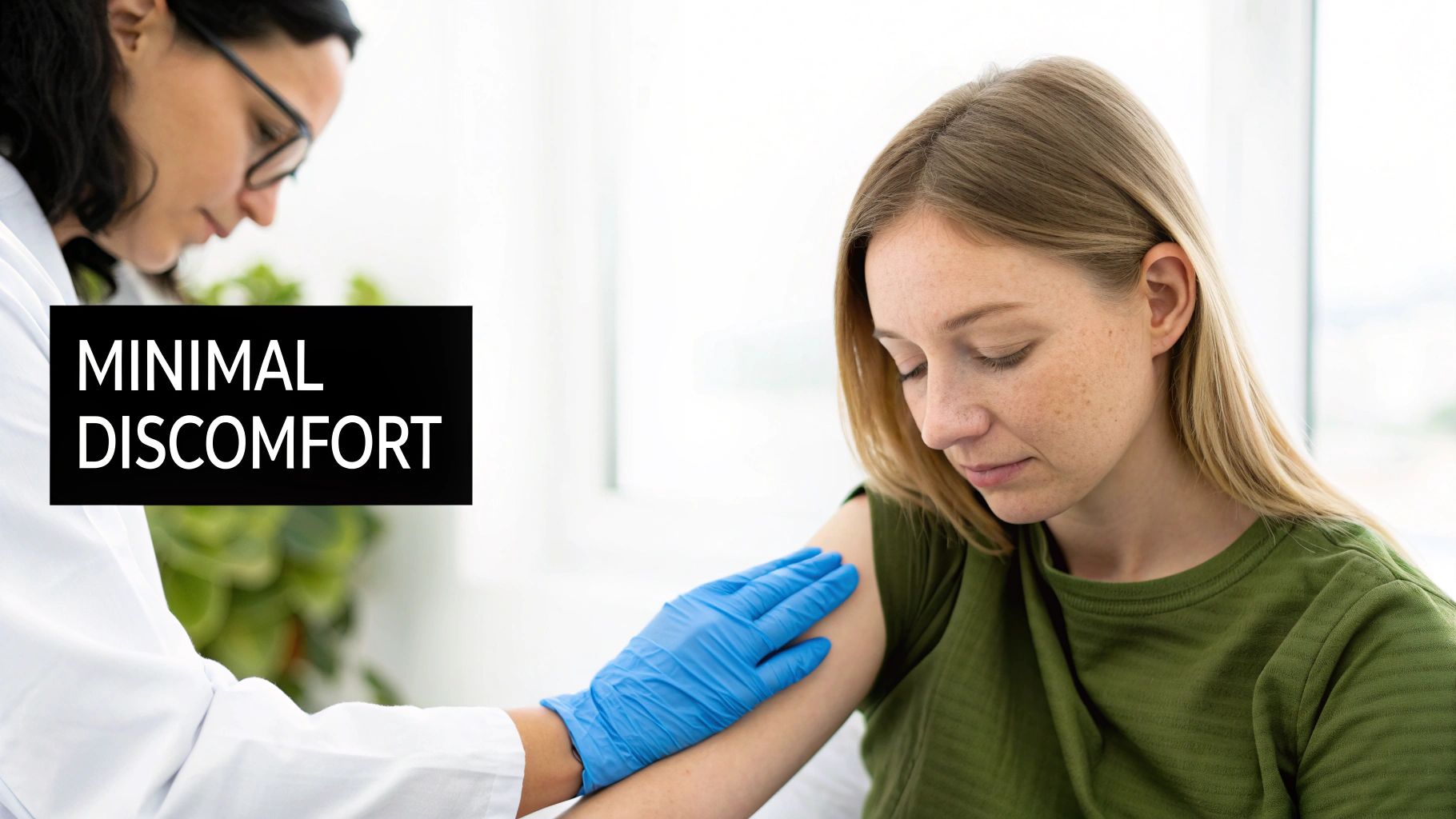 A medical professional in blue gloves gently touches a patient's arm, with text indicating minimal discomfort.
