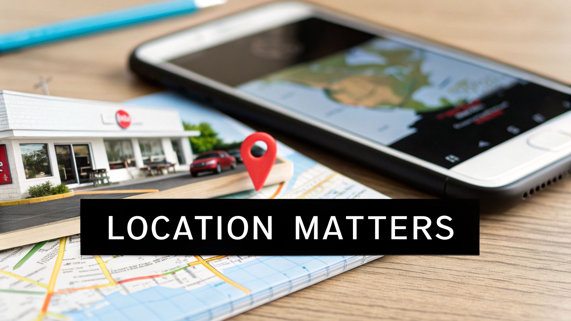 Miniature restaurant, map, and smartphone with a location pin, highlighting 'LOCATION MATTERS' importance.
