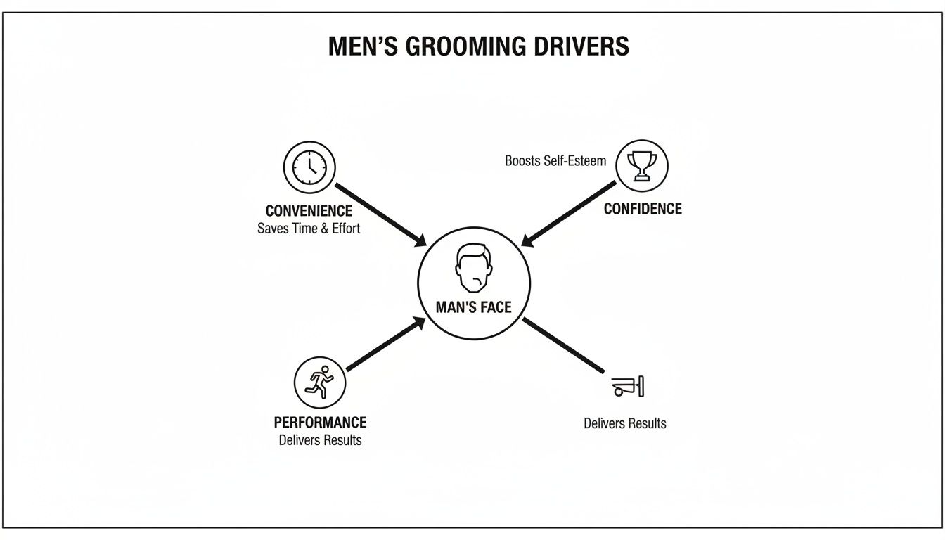 Diagram illustrating men's grooming drivers: convenience, confidence, performance, and results for facial care.