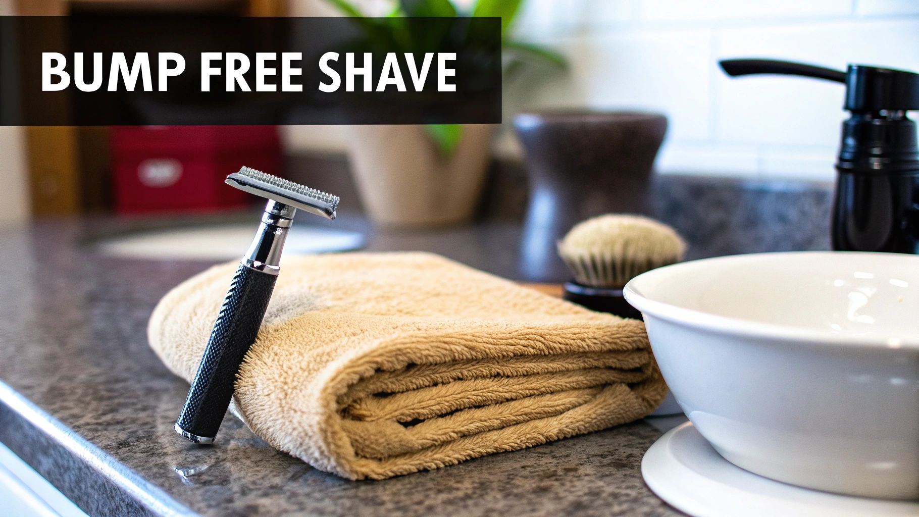 A close-up of a safety razor, folded towel, shaving brush, and bowl on a counter, promoting a bump-free shave.