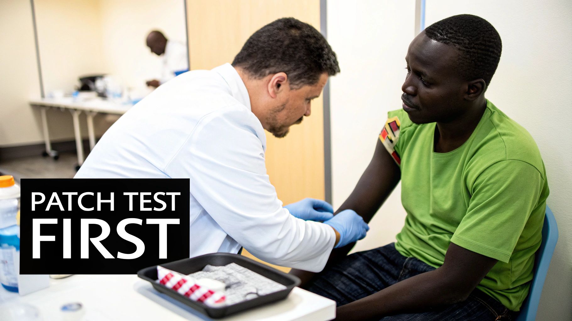 A doctor performs a patch test on a dark-skinned patient's arm, with 'PATCH TEST FIRST' text overlay.