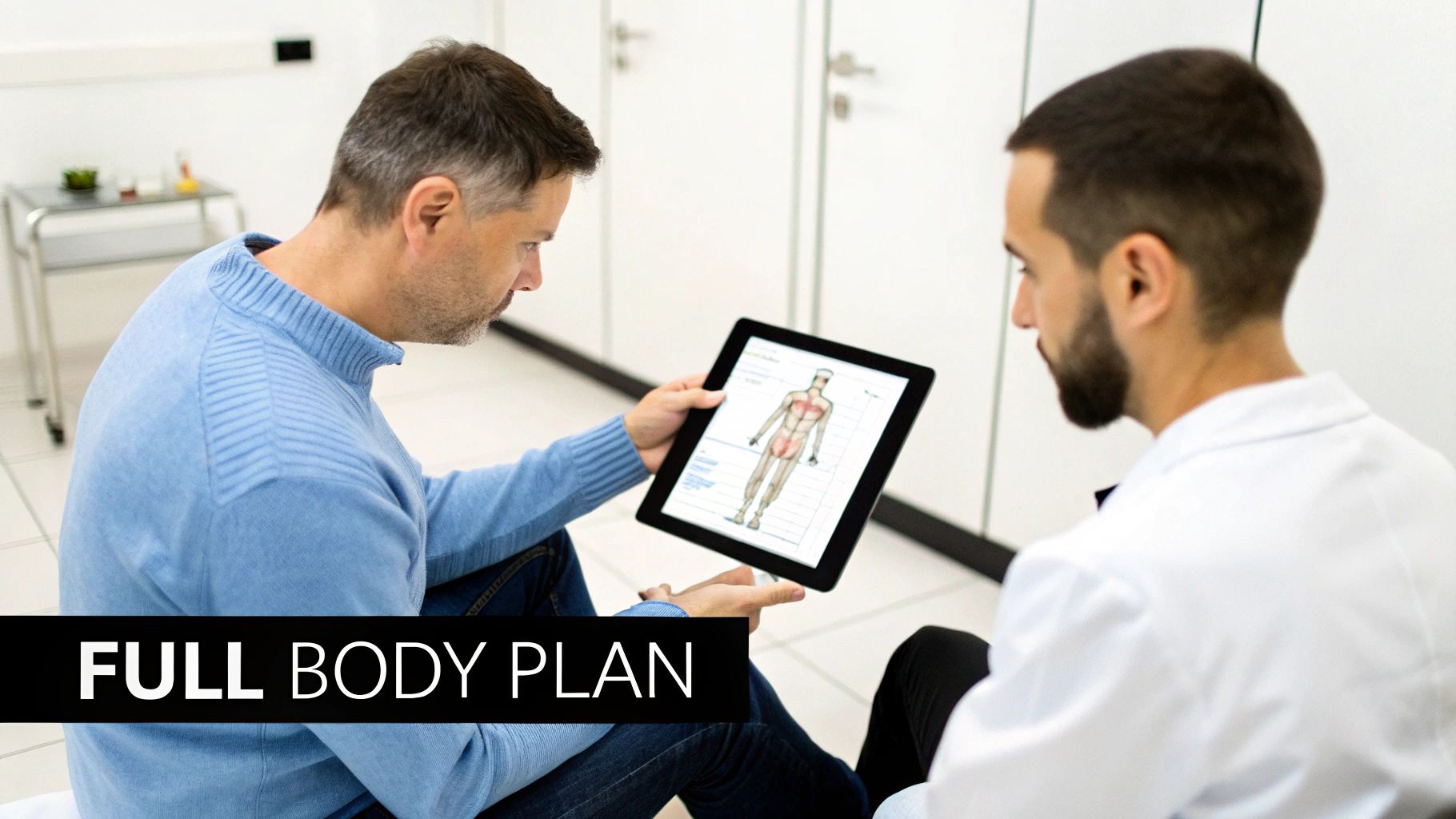 A patient and doctor review a digital full-body human diagram on a tablet, discussing a treatment plan.