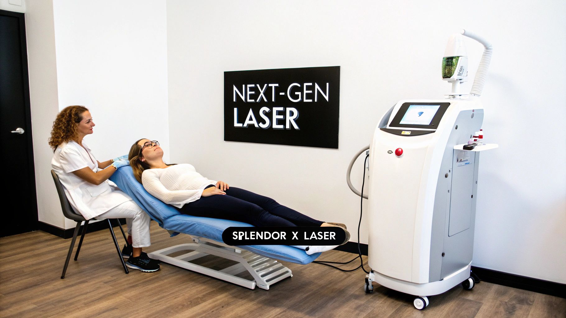 Professional administering Splendor X laser hair removal treatment to a woman in a modern clinic.