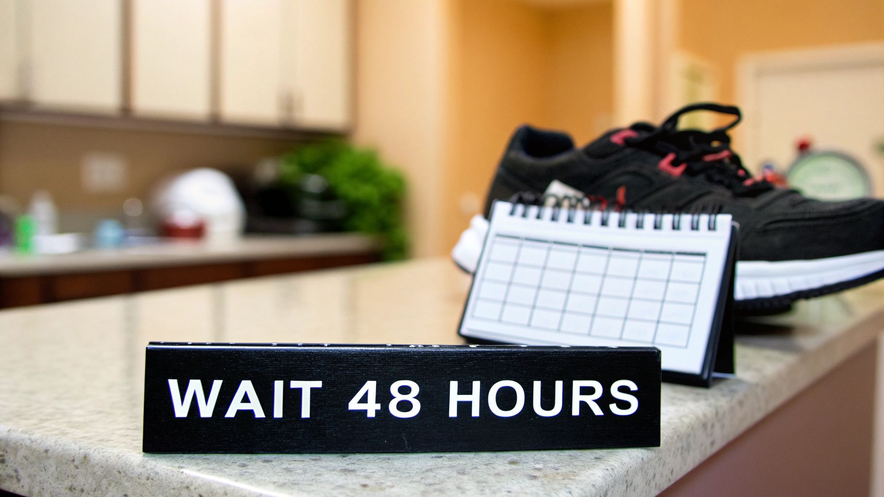 A black sign reading 'WAIT 48 HOURS' sits on a counter, with athletic shoes and a calendar in the blurred background.