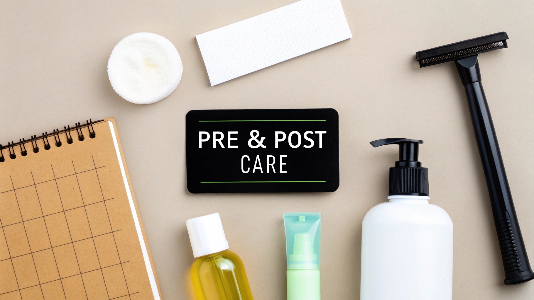 Flatlay of pre and post care items including a razor, lotions, cotton pad, and notebook.