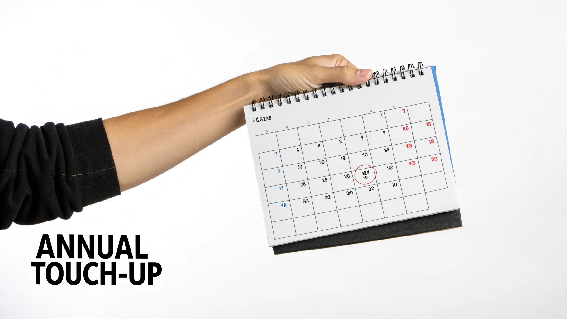 A person's arm holds a desk calendar with a circled date, indicating an annual touch-up appointment.