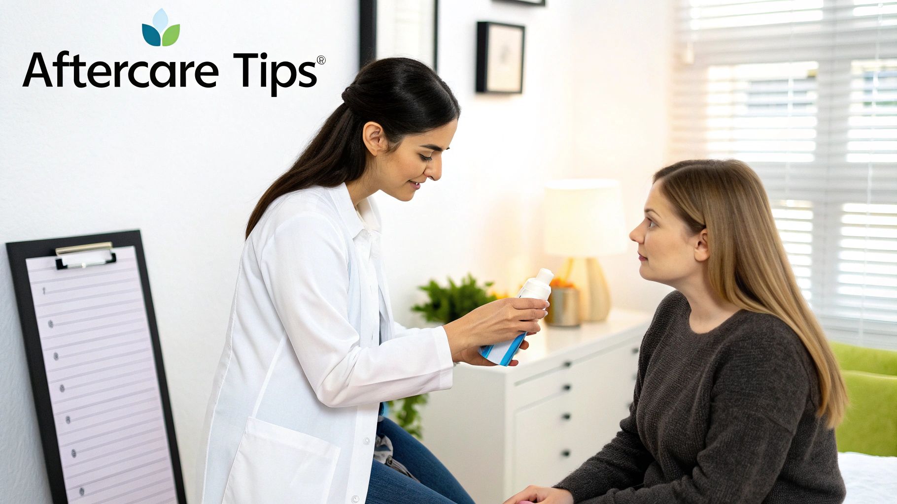 A medical professional in a white coat explains a product bottle to a patient for aftercare.