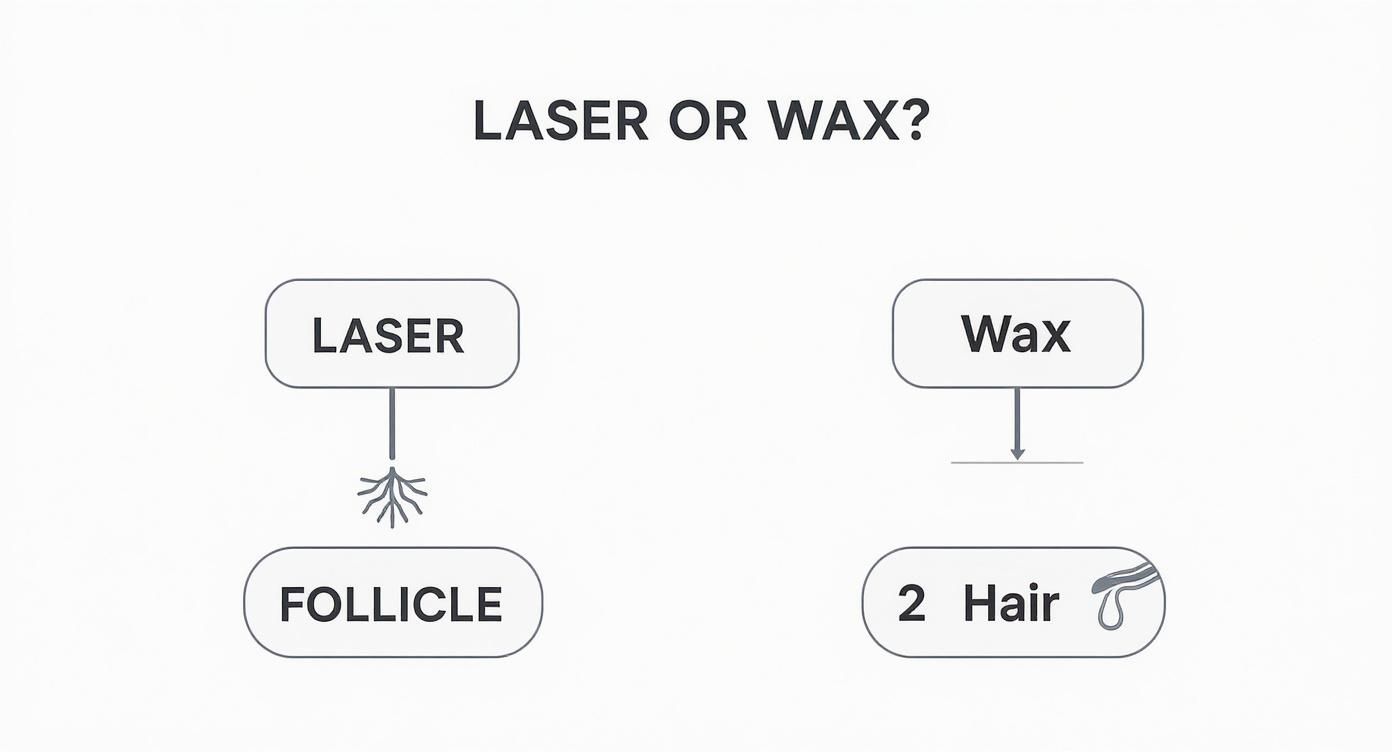 A diagram comparing laser hair removal targeting the follicle with waxing removing hair strands.