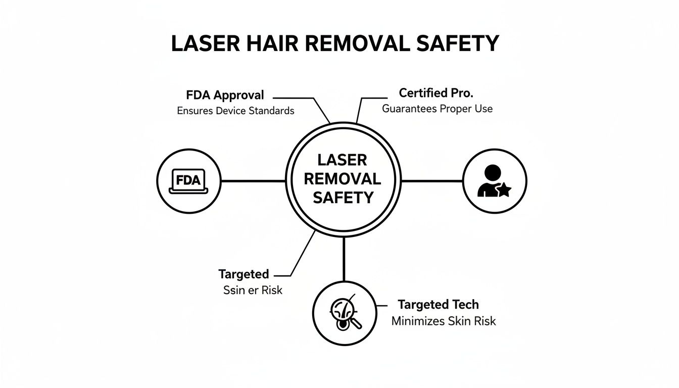 An infographic detailing laser hair removal safety, covering FDA approval, certified professionals, and targeted technology to minimize skin risk.
