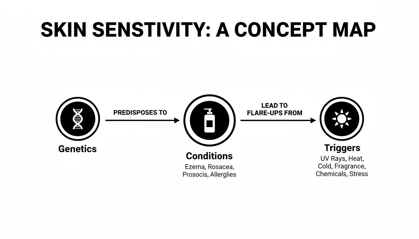 Concept map explains skin sensitivity: genetics predispose to conditions like Eczema, leading to flare-ups from triggers.