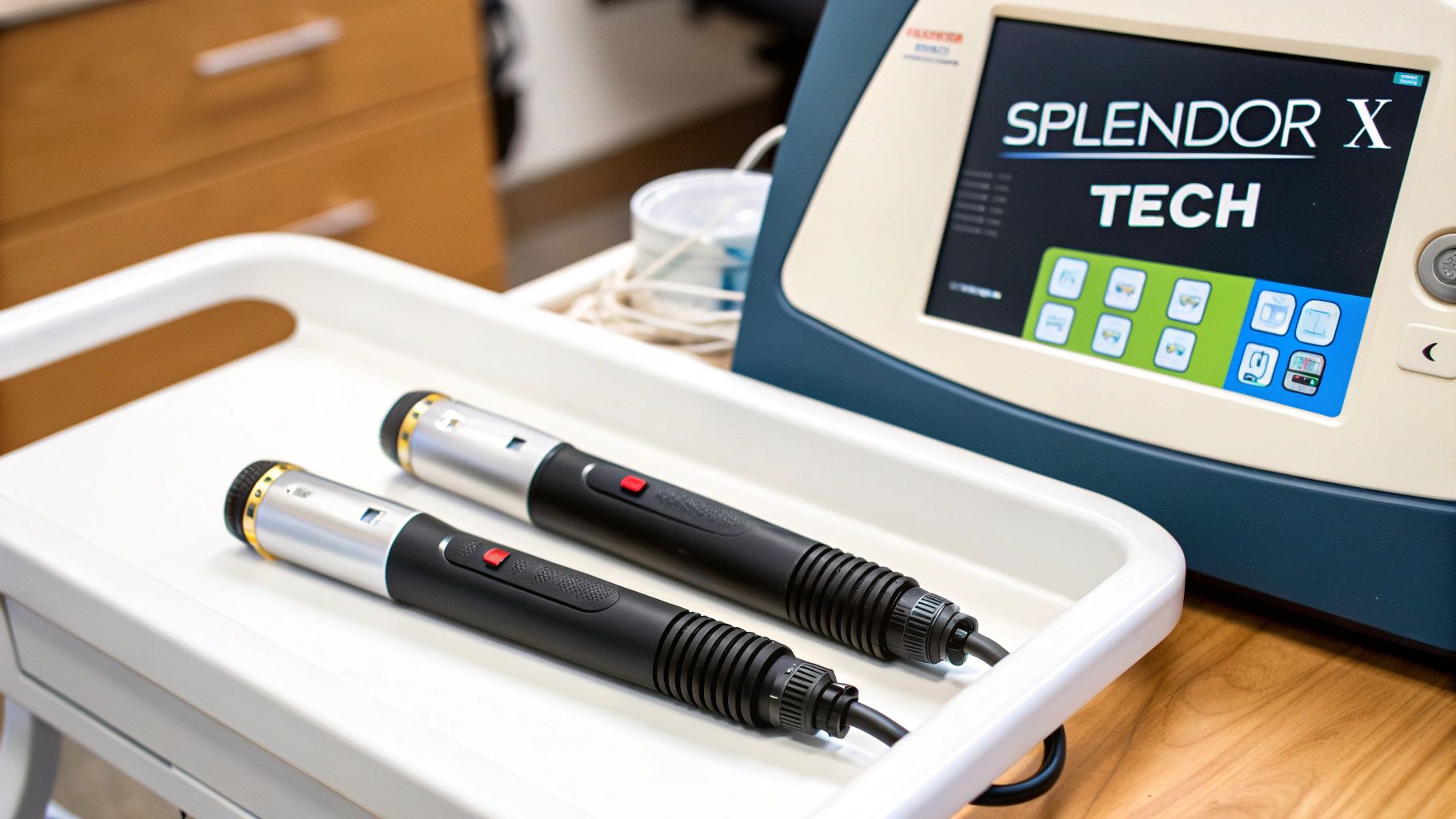 Two laser hair removal handpieces sit on a white tray next to a Splendor X Tech machine.