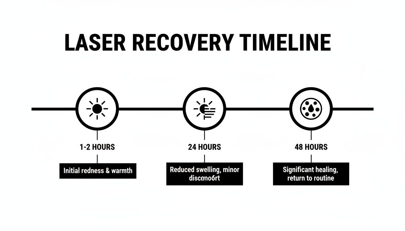 A laser recovery timeline illustrating the healing process over 48 hours with descriptive icons.
