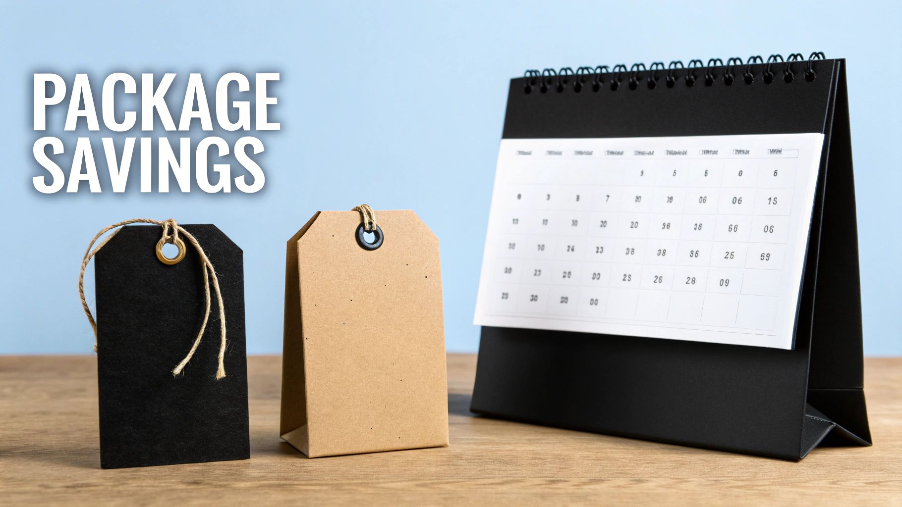Text 'PACKAGE SAVINGS' with two price tags and a desk calendar on a wooden table.