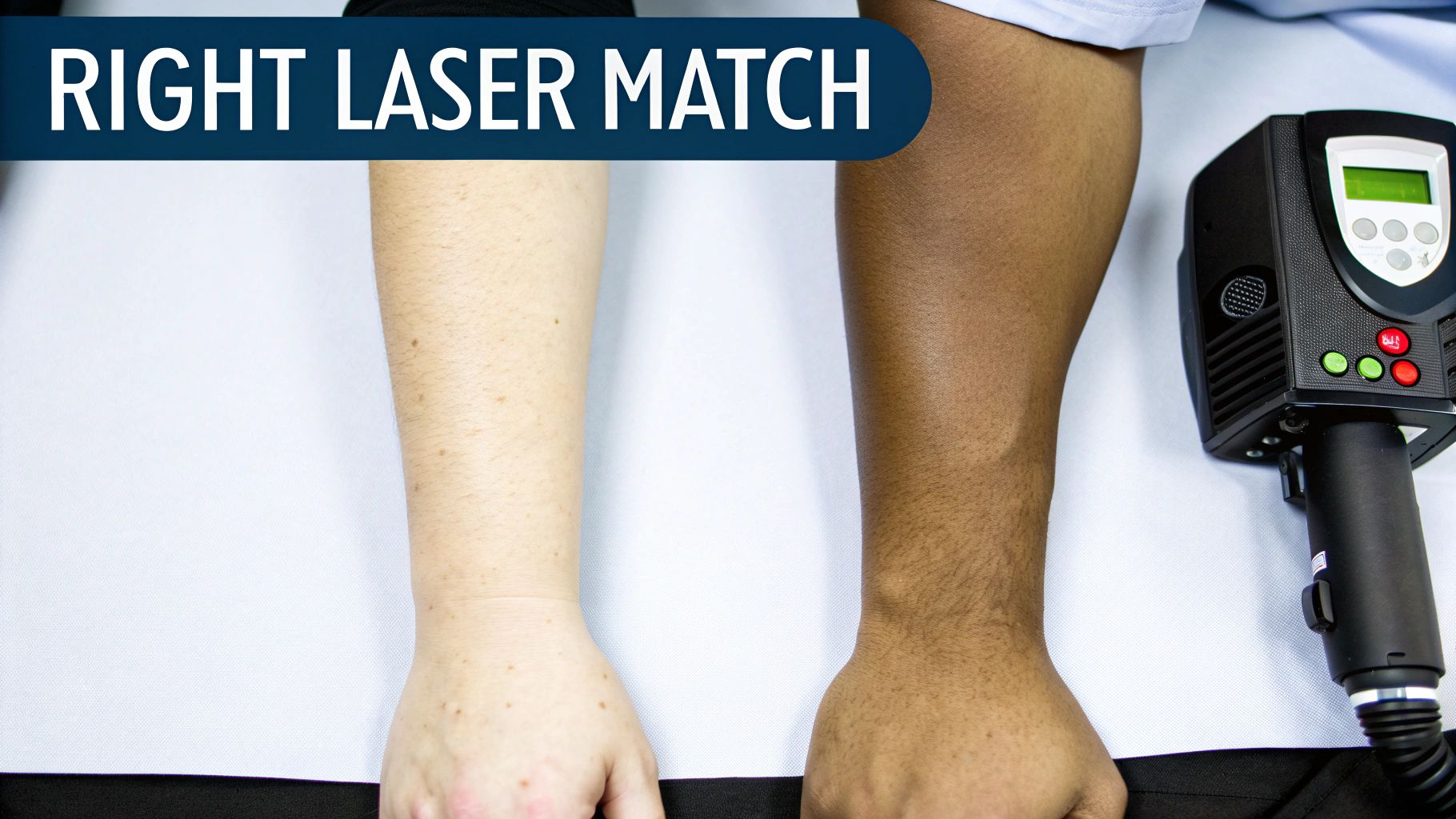 Two forearms with different skin tones next to a laser hair removal device, highlighting treatment options.