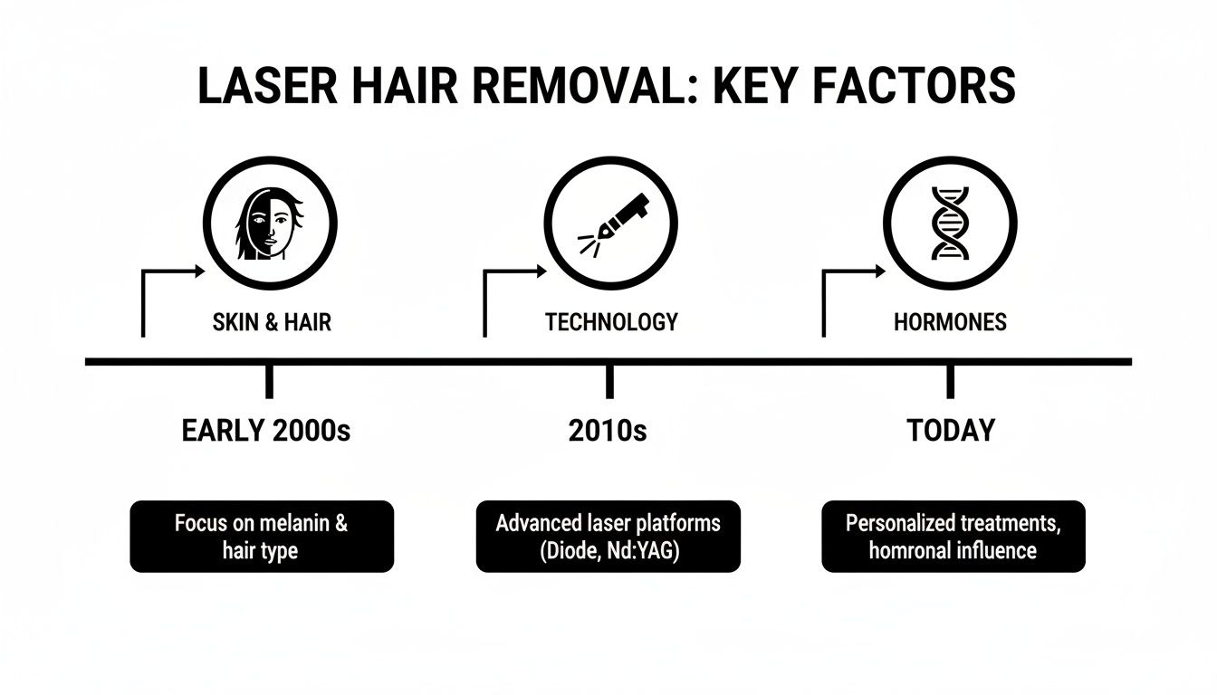 Timeline infographic showing key factors in laser hair removal evolution, from skin and hair to technology and hormones.