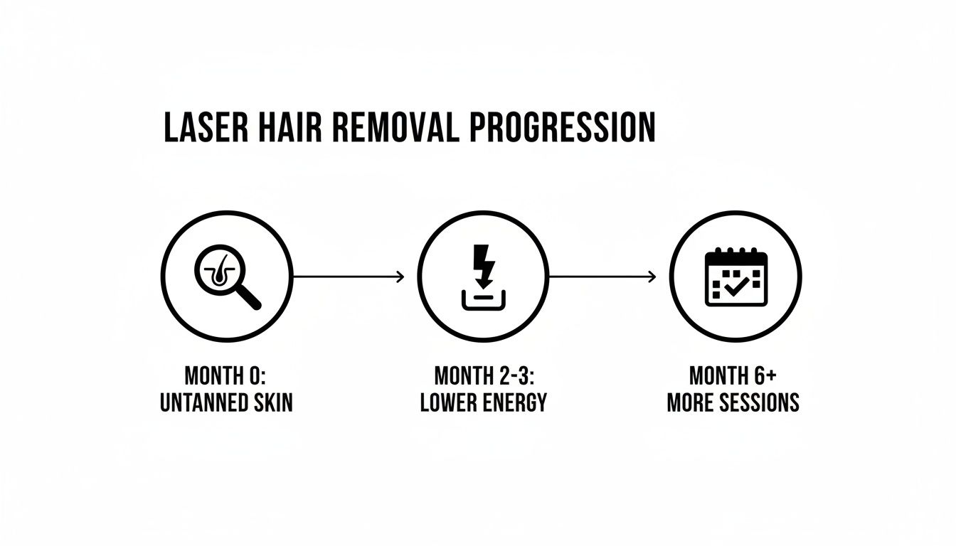 Flowchart illustrating laser hair removal progression: untanned skin, lower energy, and more sessions over time.