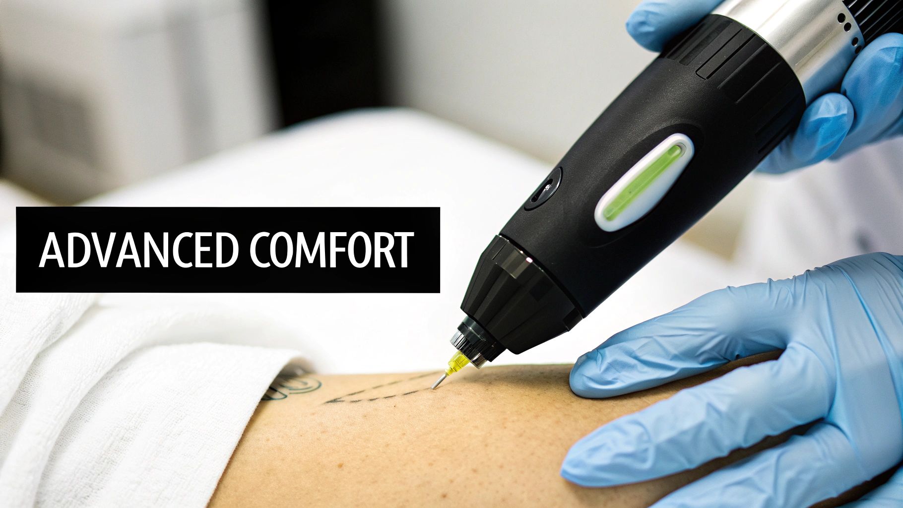 Close-up of a person receiving a precise skin treatment with a device held by a gloved hand, featuring 'ADVANCED COMFORT'.