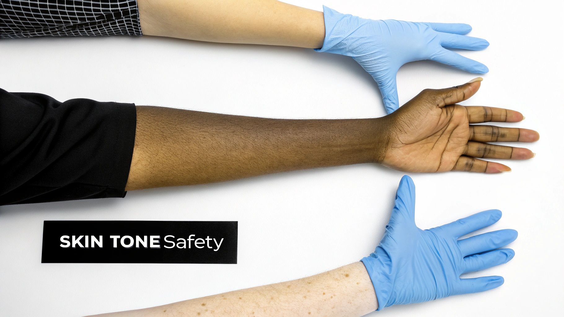 Three diverse skin tone arms, two wearing blue gloves, with 'SKIN TONE Safety' text on white.