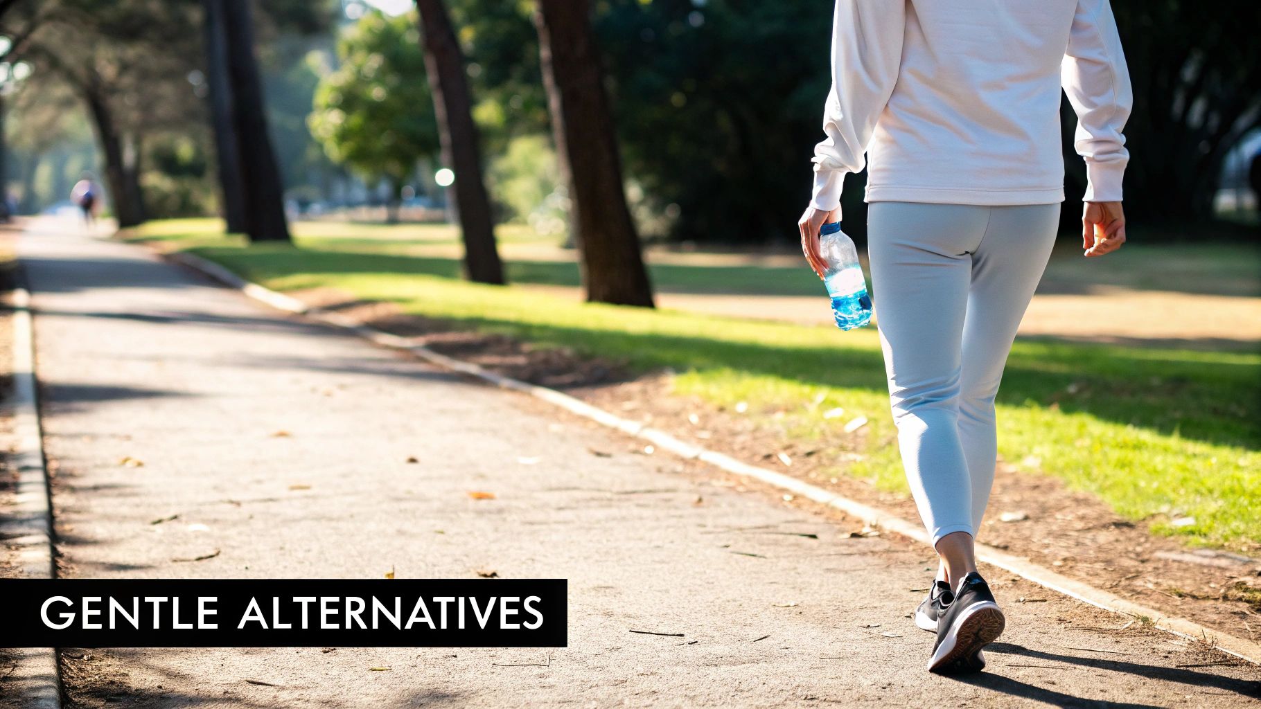 A person in athletic wear walks on a sunny park path, holding a water bottle.