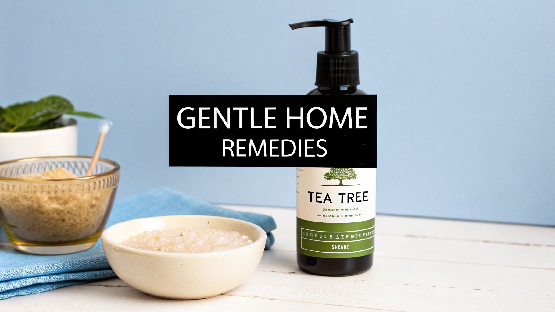 A bottle of tea tree product, two bowls of natural scrubs, and a plant with text 'GENTLE HOME REMEDIES'.