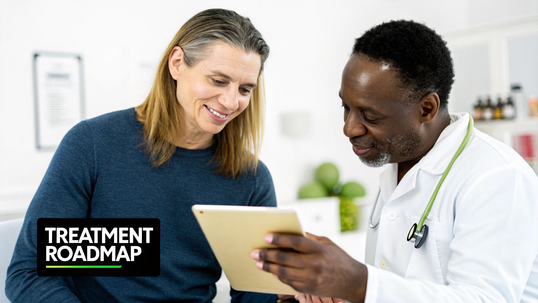 A smiling male doctor and a female patient review a treatment plan on a tablet.