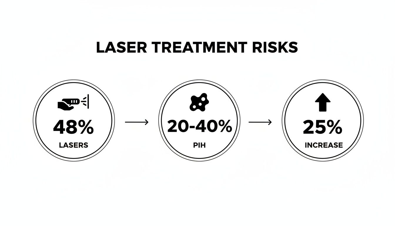 Infographic showing laser treatment risks: 48% of lasers lead to 20-40% PIH and a 25% increase.
