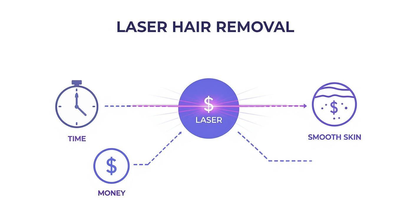 Diagram illustrating laser hair removal process: time and money invested lead to smooth skin.