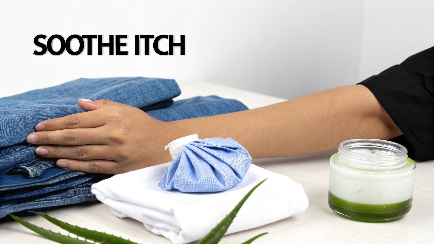 A person's arm, ice pack, aloe vera leaves, and cream to soothe an itch.